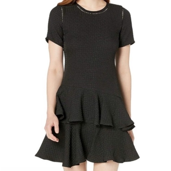 Rebecca Taylor Textured Jacquard Ruffle Tiered Mini Dress Black 6 - Picture 1 of 4